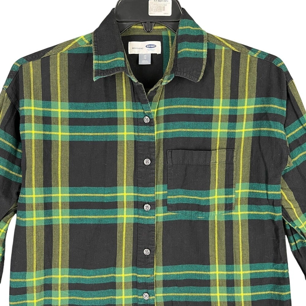 Old Navy Shirt Womens XS GREEN Plaid Flannel Boyfriend‎ Button Front Chore Barn